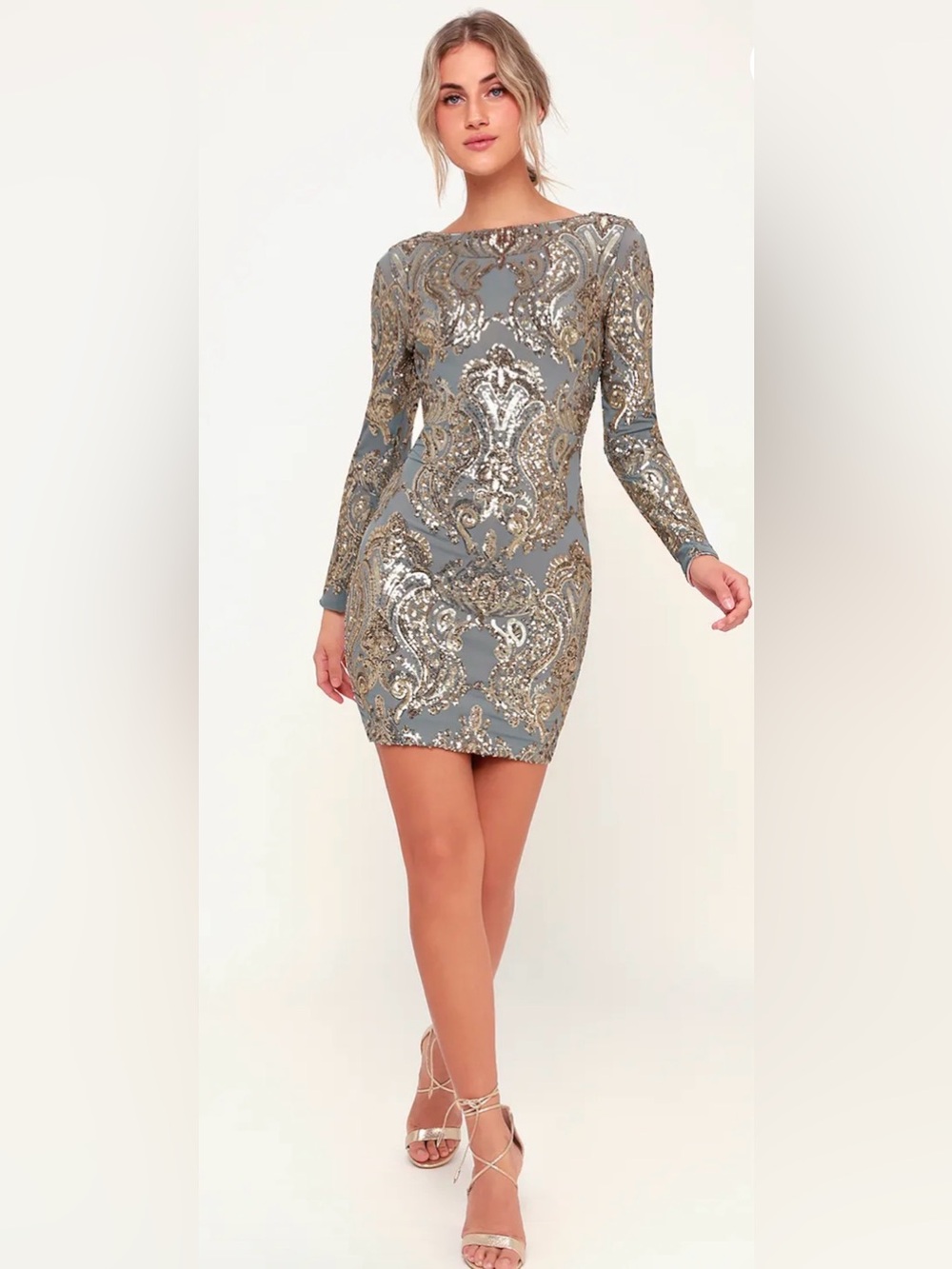 Dress The Population Lola Light Blue and Gold Sequin Long Sleeve Bodycon Dress-L